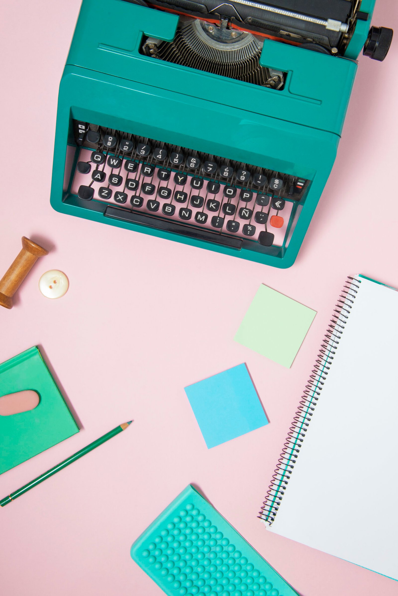 why-choose-us vibrantly colored retro typewriter with keyboard buttons